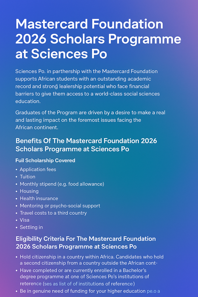 Mastercard Foundation 2026 Scholars Programme at Sciences Po