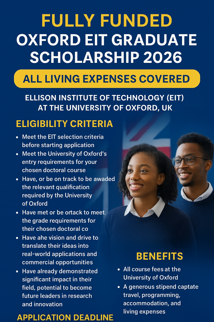 Fully Funded Oxford EIT Graduate Scholarship 2026 – All  Living Expenses Covered