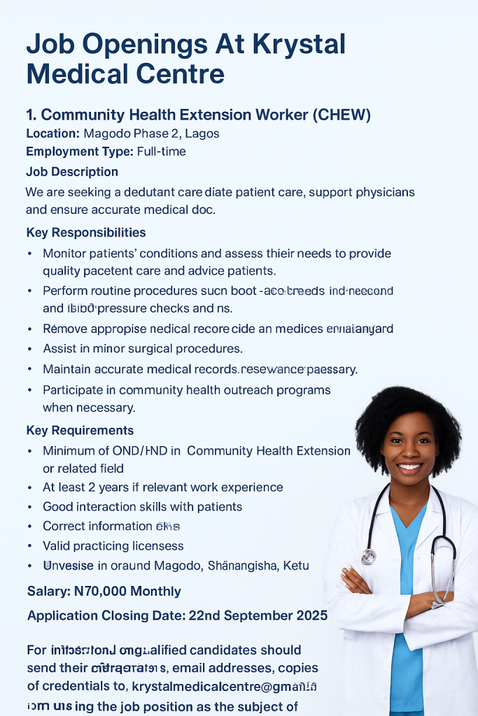 Job Openings At Krystal Medical Centre – Job Update