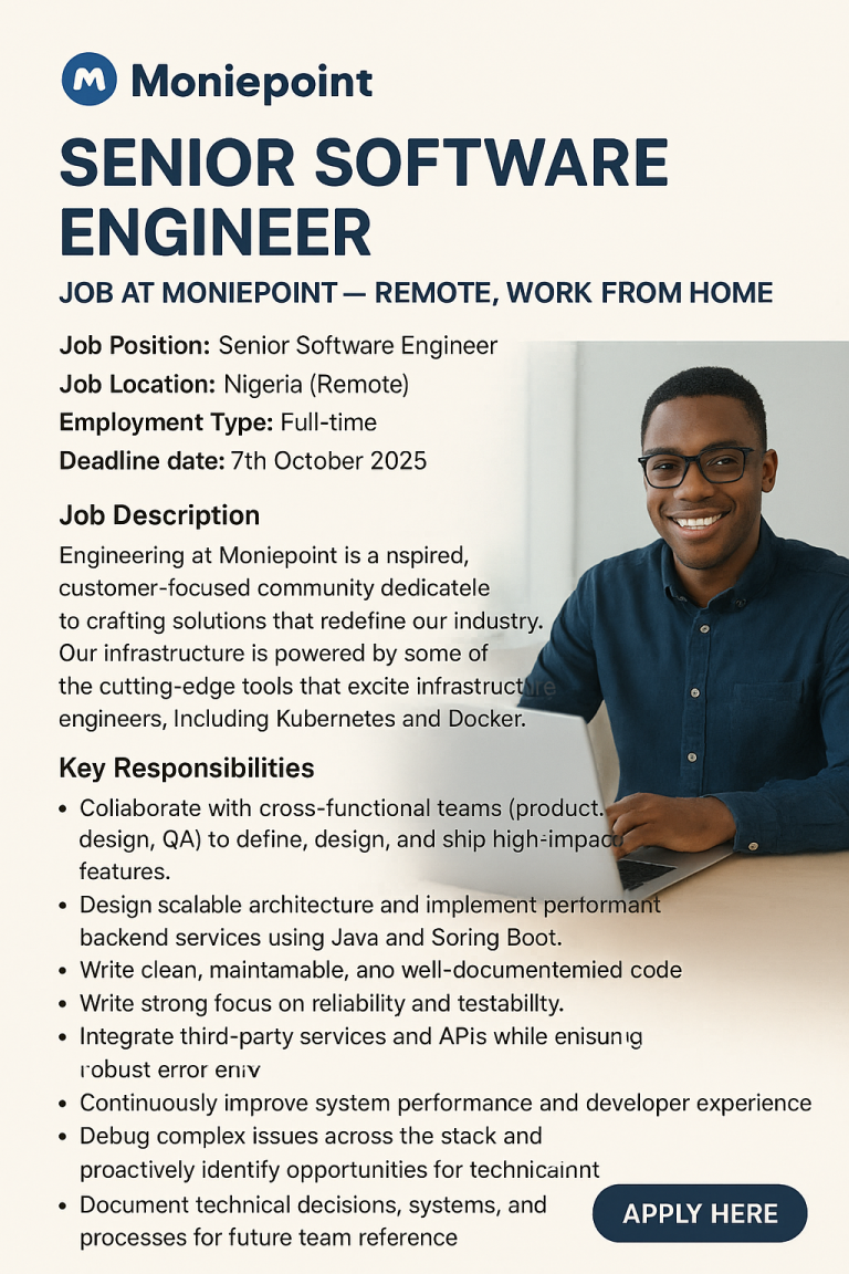 Senior Software Engineer Job at Moniepoint – Remote, Work From Home